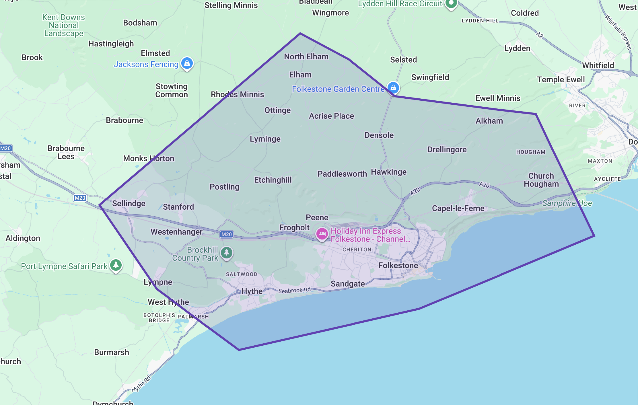 Map showing window cleaning rounds in Kent including Folkestone, Hythe, Hawkinge and surrounding areas